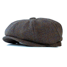 Load image into Gallery viewer, Grey and black Harris Tweed Newsboy Cap by Carlisle Hats featuring classic herringbone pattern and small 56cm size.