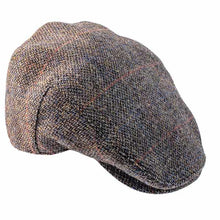 Load image into Gallery viewer, Highland Harris Tweed flat cap by Carlisle Hats showcasing classic plaid pattern and textured wool fabric.