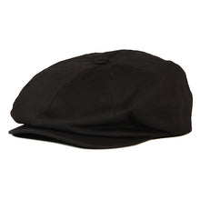 Load image into Gallery viewer, Black cotton drill newsboy cap by Carlisle Hats with a classic rounded crown and short brim, size 55-56cm.