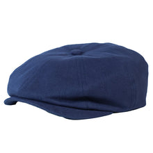 Load image into Gallery viewer, Blue cotton drill newsboy cap by Carlisle Hats with a classic rounded crown and structured brim, size 55-56cm.