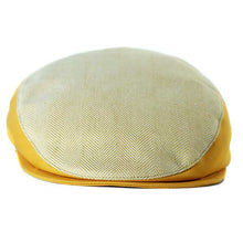Load image into Gallery viewer, Italian-made Liam linen herringbone newsboy cap by Carlisle Hats, yellow summer flat cap with classic herringbone pattern.