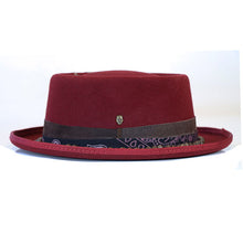 Load image into Gallery viewer, Carlisle Hats burgundy pork pie hat with 5cm pencil brim, made from wool, stylish and classic for formal or casual wear.