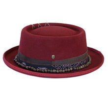 Load image into Gallery viewer, Carlisle Hats burgundy pork pie hat with 5cm pencil brim, featuring a classic style and structured crown.