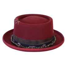 Load image into Gallery viewer, Carlisle Hats burgundy pork pie hat with a 5cm pencil brim, featuring a classic style and smooth fabric texture.