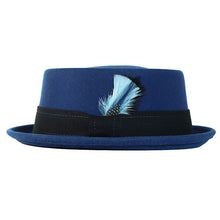 Load image into Gallery viewer, Blue Carlisle Hats pork pie made of cashmere felt, small 55cm, with a classic rounded crown and narrow brim.