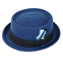 Load image into Gallery viewer, Blue Carlisle Hats pork pie made of cashmere felt with a small 55cm brim, classic and stylish men's hat.