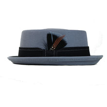 Load image into Gallery viewer, Blue Carlisle Hats pork pie cap made of cashmere felt, featuring a classic small brim and stylish design.
