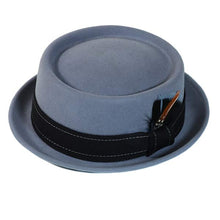 Load image into Gallery viewer, Blue Carlisle Hats pork pie made from cashmere felt, featuring a small 55cm brim and classic pork pie design.