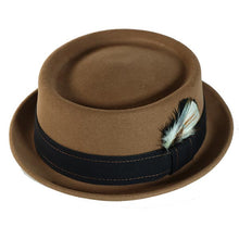 Load image into Gallery viewer, Blue pork pie hat made from cashmere felt by Carlisle Hats, featuring a classic round shape and small 55cm size.