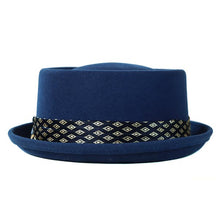 Load image into Gallery viewer, Blue Two Face Pork Pie hat by Carlisle Hats, featuring a classic pork pie design with a two-tone face pattern and 55cm size.