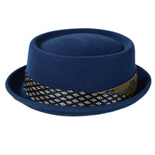 Load image into Gallery viewer, Blue Two Face Pork Pie hat by Carlisle Hats, featuring a classic style with contrasting side design and 55cm size.