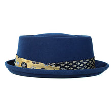 Load image into Gallery viewer, Blue Two Face Pork Pie hat by Carlisle Hats, small 55cm size, featuring a classic pork pie design with dual-tone pattern.