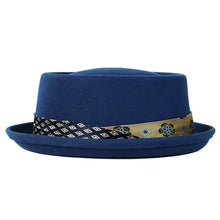Load image into Gallery viewer, Blue Two Face Pork Pie hat by Carlisle Hats, small 55cm size, with a classic pork pie shape and distinctive two-tone design.