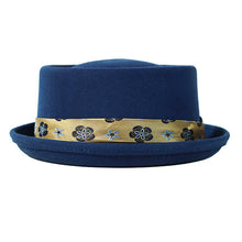 Load image into Gallery viewer, Blue Two Face Pork Pie hat by Carlisle Hats, 55cm, featuring a classic shape and stylish design.