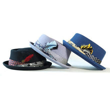 Load image into Gallery viewer, Blue Two Face Pork Pie by Carlisle Hats, classic 55cm pork hat with a distinctive two-tone design and firm brim.