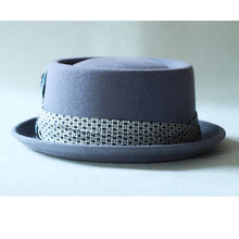 Load image into Gallery viewer, Blue Two Face Pork Pie by Carlisle Hats, small 55cm brim, featuring classic pork pie hat design with a two-tone face pattern.