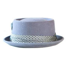 Load image into Gallery viewer, Blue Two Face Pork Pie by Carlisle Hats, classic felt hat with a distinctive two-tone design and a narrow brim.