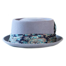 Load image into Gallery viewer, Blue Two Face Pork Pie hat by Carlisle Hats, 55cm, classic style with a distinctive two-tone design.