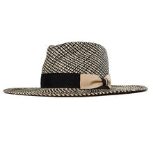 Load image into Gallery viewer, Black and natural wide brim Camden Panama straw hat by Carlisle Hats, showing the stylish woven straw design and adjustable band.