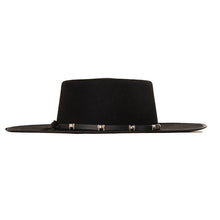 Load image into Gallery viewer, Black leather Spanish riding hat by Carlisle Hats with silver accents, designed for equestrian riding and formal riding attire.