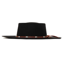 Load image into Gallery viewer, Black leather Spanish riding hat by Carlisle Hats with silver accents, featuring a 55cm size and traditional design.