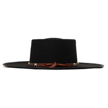 Load image into Gallery viewer, Black leather Spanish riding hat by Carlisle Hats with silver accents, 55cm size, showcasing traditional equestrian style.