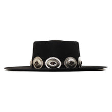 Load image into Gallery viewer, Black leather Spanish riding hat with silver conchos by Carlisle Hats, featuring a classic equestrian style.