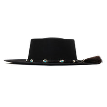 Load image into Gallery viewer, Leather turquoise Spanish riding hat by Carlisle Hats, showing the 55cm black leather helmet with detailed stitching and secure strap.