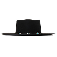 Load image into Gallery viewer, Leather Spanish riding hat in turquoise with black leather accents, designed by Carlisle Hats, featuring a 55cm size.