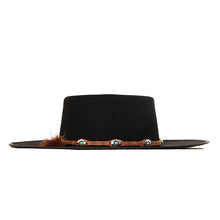 Load image into Gallery viewer, Spanish riding hat by Carlisle Hats, black leather with turquoise accents, 55cm size, traditional equestrian helmet style.