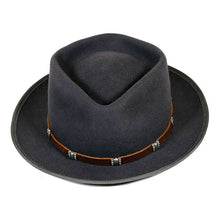 Load image into Gallery viewer, Grey Diamond Crown Low Top Fedora by Carlisle Hats, stylish wide-brim hat with a classic fedora shape and textured band.