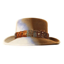 Load image into Gallery viewer, Medium brim tobacco-colored Pork Pie hat by Carlisle Hats featuring a two-tone design and classic style.