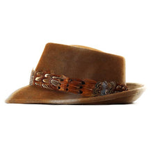 Load image into Gallery viewer, Medium brim Pork Pie hat in two-tone tobacco color by Carlisle Hats, featuring a classic style and stylish design.