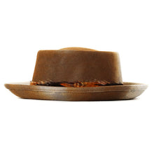 Load image into Gallery viewer, Medium brim pork pie hat in two-tone tobacco color by Carlisle Hats, showing the stylish classic design and textured fabric.