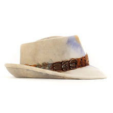 Load image into Gallery viewer, Medium brim Pork Pie hat by Carlisle Hats in 2-tone tobacco color, showcasing classic style and detailed craftsmanship.