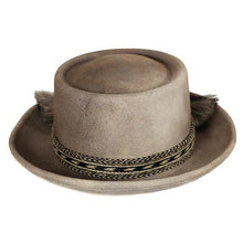 Load image into Gallery viewer, Medium brim Pork Pie hat in donkey grey aztec pattern by Carlisle Hats, showcasing its stylish and unique woven design.