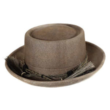 Load image into Gallery viewer, Medium brim Pork Pie hat in donkey grey with aztec pattern by Carlisle Hats, showcasing its stylish design and textured fabric.
