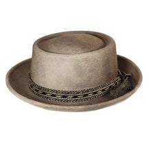 Load image into Gallery viewer, Medium brim Pork Pie hat by Carlisle Hats in donkey grey with Aztec pattern, stylish and durable for everyday wear.