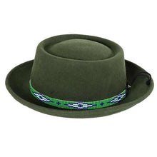 Load image into Gallery viewer, Medium brim green Aztec pork pie hat by Carlisle Hats, showcasing a stylish patterned design and classic shape.