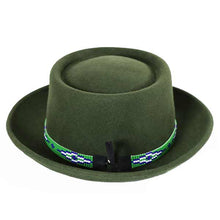 Load image into Gallery viewer, Medium brim green Aztec pork pie hat by Carlisle Hats with a stylish, patterned design and classic shape.