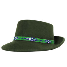Load image into Gallery viewer, Medium brim green Aztec Pork Pie hat by Carlisle Hats, showcasing a stylish patterned design and classic shape.