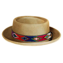 Load image into Gallery viewer, Medium brim light olive Aztec pork pie hat by Carlisle Hats, featuring a stylish, patterned design and classic shape.