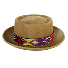 Load image into Gallery viewer, Medium brim light olive Aztec Pork Pie hat by Carlisle Hats featuring a stylish and unique design.