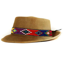 Load image into Gallery viewer, Medium brim light olive Aztec pork pie hat by Carlisle Hats featuring a stylish, patterned design and classic shape.