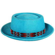 Load image into Gallery viewer, Medium brim turquoise Aztec pork pie hat by Carlisle Hats with a stylish, patterned design and classic shape.