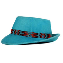 Load image into Gallery viewer, Medium brim turquoise Aztec pork pie hat by Carlisle Hats, featuring vibrant geometric patterns and stylish design.