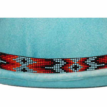 Load image into Gallery viewer, Medium brim turquoise Aztec pork pie hat by Carlisle Hats, featuring vibrant geometric pattern and stylish design.