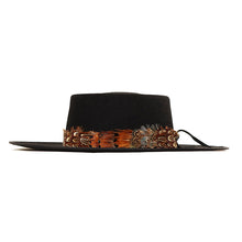 Load image into Gallery viewer, White Spanish riding hat by Carlisle Hats with feathered band, featuring a classic equestrian design and secure strap.
