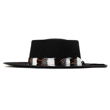 Load image into Gallery viewer, White Spanish riding hat by Carlisle Hats with a feathered band, 55cm, designed for equestrian riding.