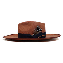 Load image into Gallery viewer, Tan Camden Panama straw fedora hat by Carlisle Hats with a wide brim and classic design, shown on a mannequin head.